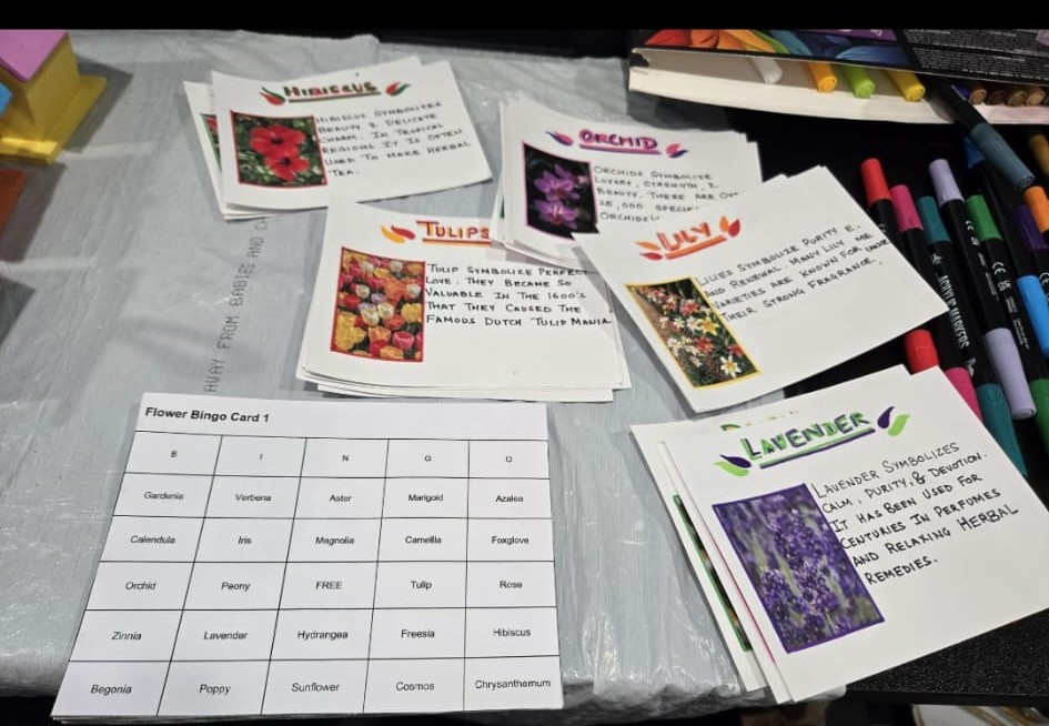 Flower bingo cards and hand-illustrated flower fact cards (hibiscus, orchid, tulip, lily, lavender)
