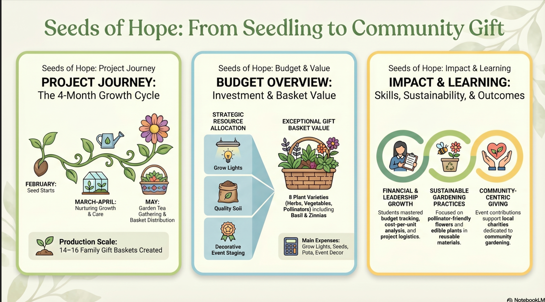 Seeds of Hope: From Seedling to Community Gift infographic — project journey, budget overview, and impact & learning