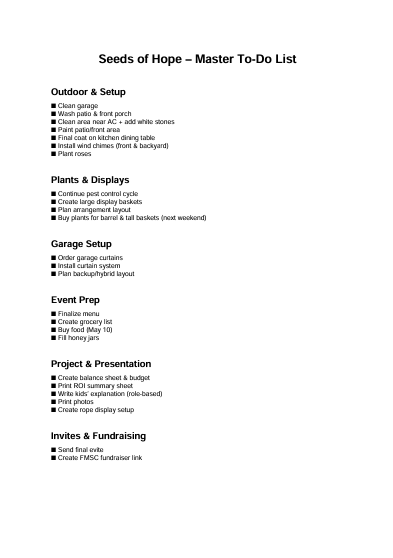 Seeds of Hope master to-do list grouped by outdoor & setup, plants & displays, garage, event prep, project & presentation, invites & fundraising