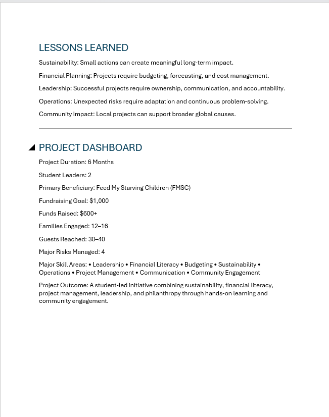 Final project report page 4 — lessons learned and final project dashboard with key outcomes