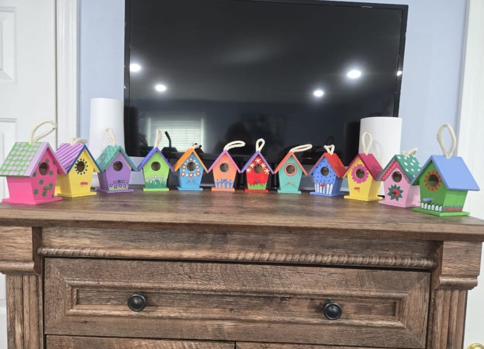 Row of hand-painted colorful birdhouses lined up as event decor